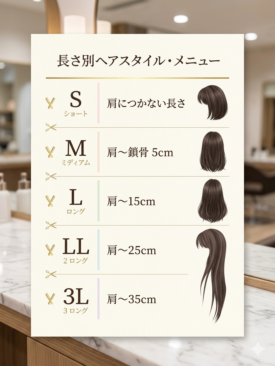 長さ別ヘアスタイル・メニュー S/M/L/LL サイズガイド